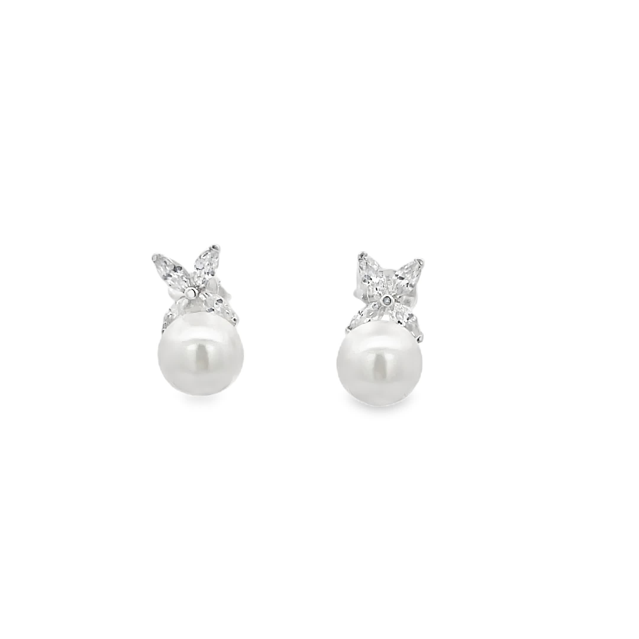 925 Silver Pearl Stud Earrings with Crystal Accents